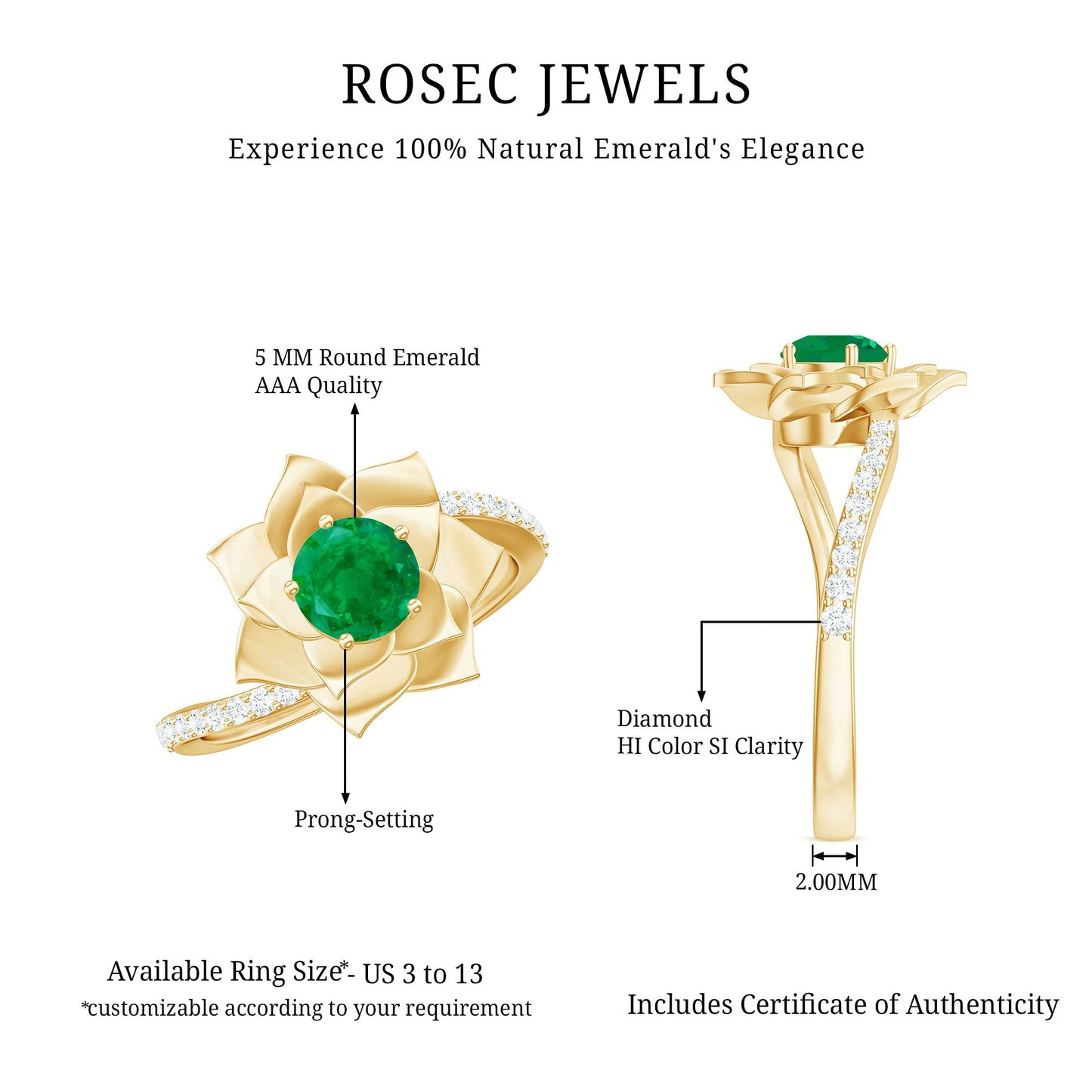 Certified Real Emerald Flower Engagement Ring with Diamond Bypass Shank