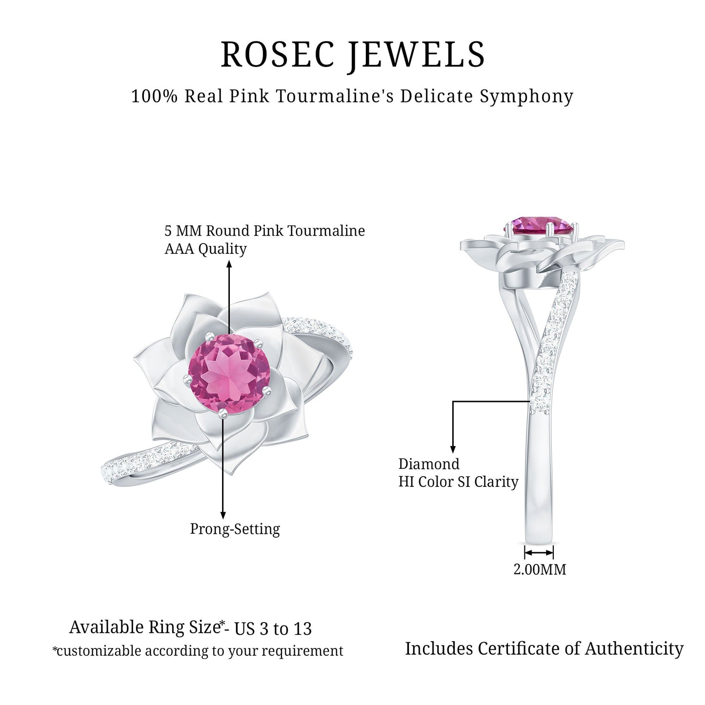 Pink Tourmaline and Diamond Flower Engagement Ring with Bypass Shank