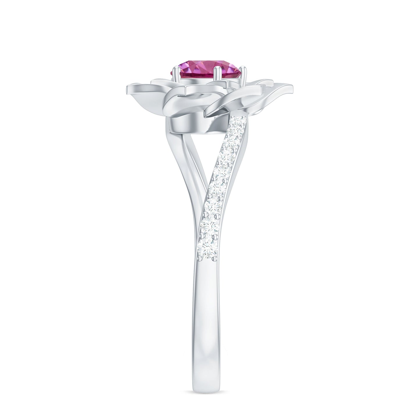 Pink Tourmaline and Diamond Flower Engagement Ring with Bypass Shank