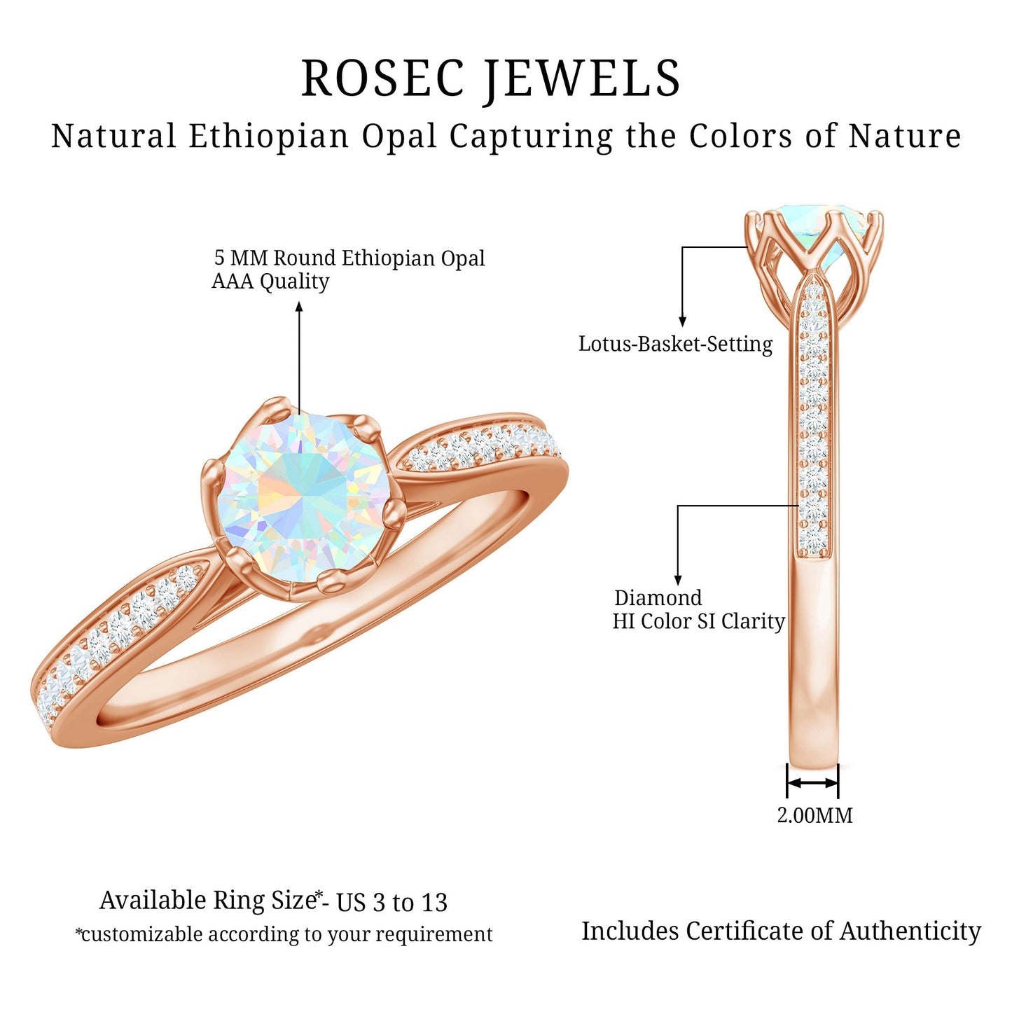 Genuine Ethiopian Rainbow Opal Engagement Ring with Diamond Side Stones