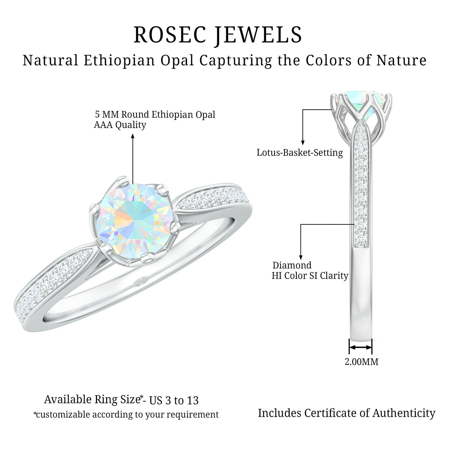 Genuine Ethiopian Rainbow Opal Engagement Ring with Diamond Side Stones