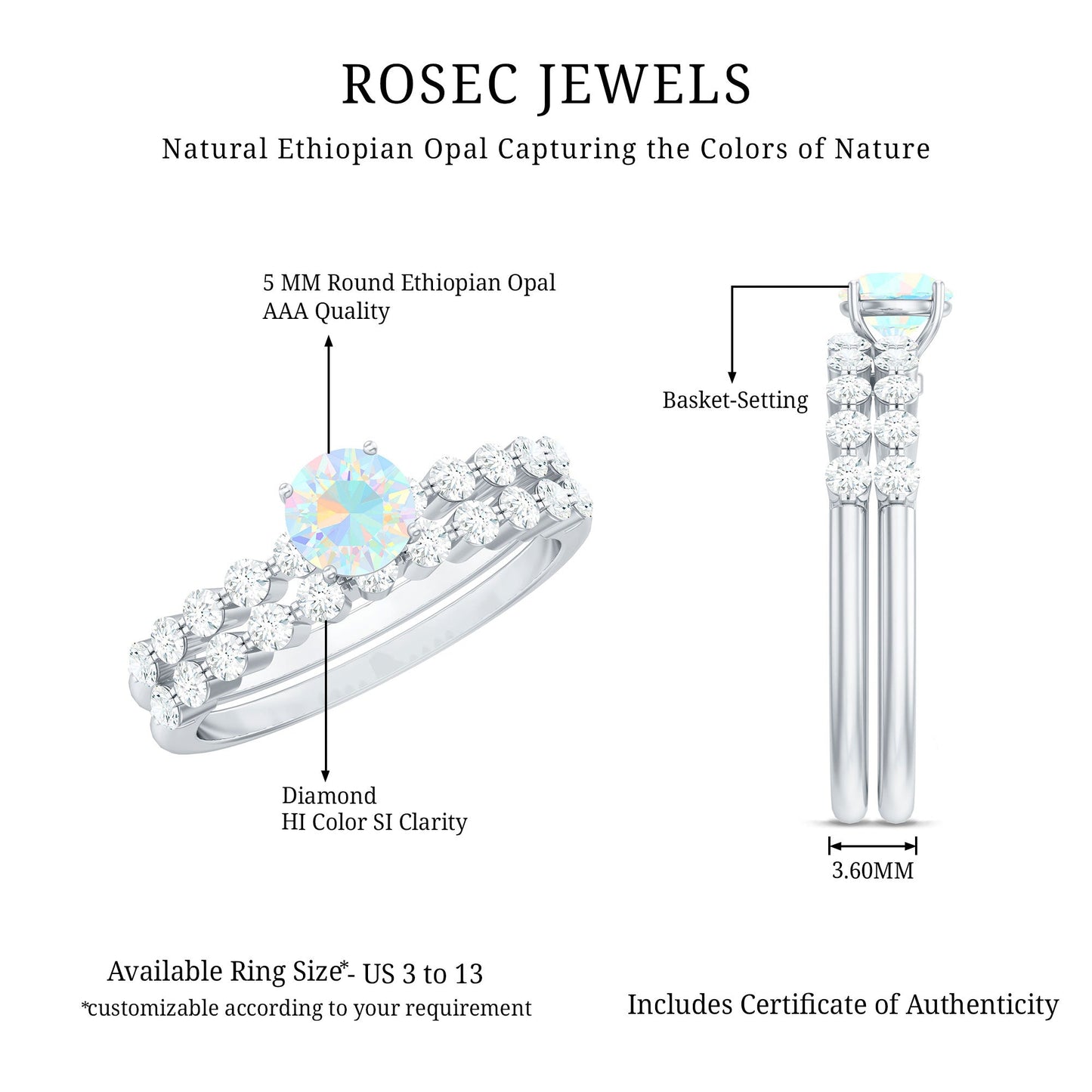 Certified Natural Ethiopian Opal Diamond Wedding Engagement Ring Set of 2