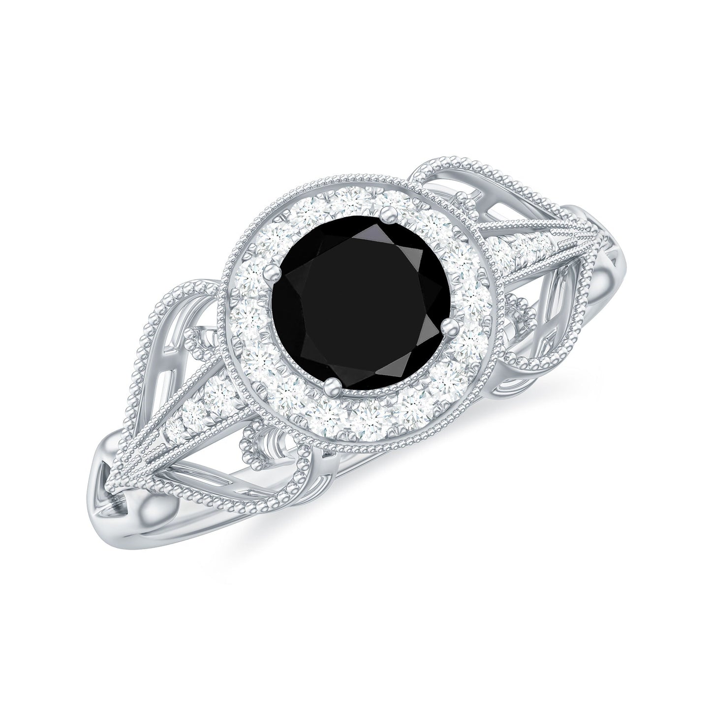5mm Round Black Onyx Vintage Engagement Ring with Diamond Halo