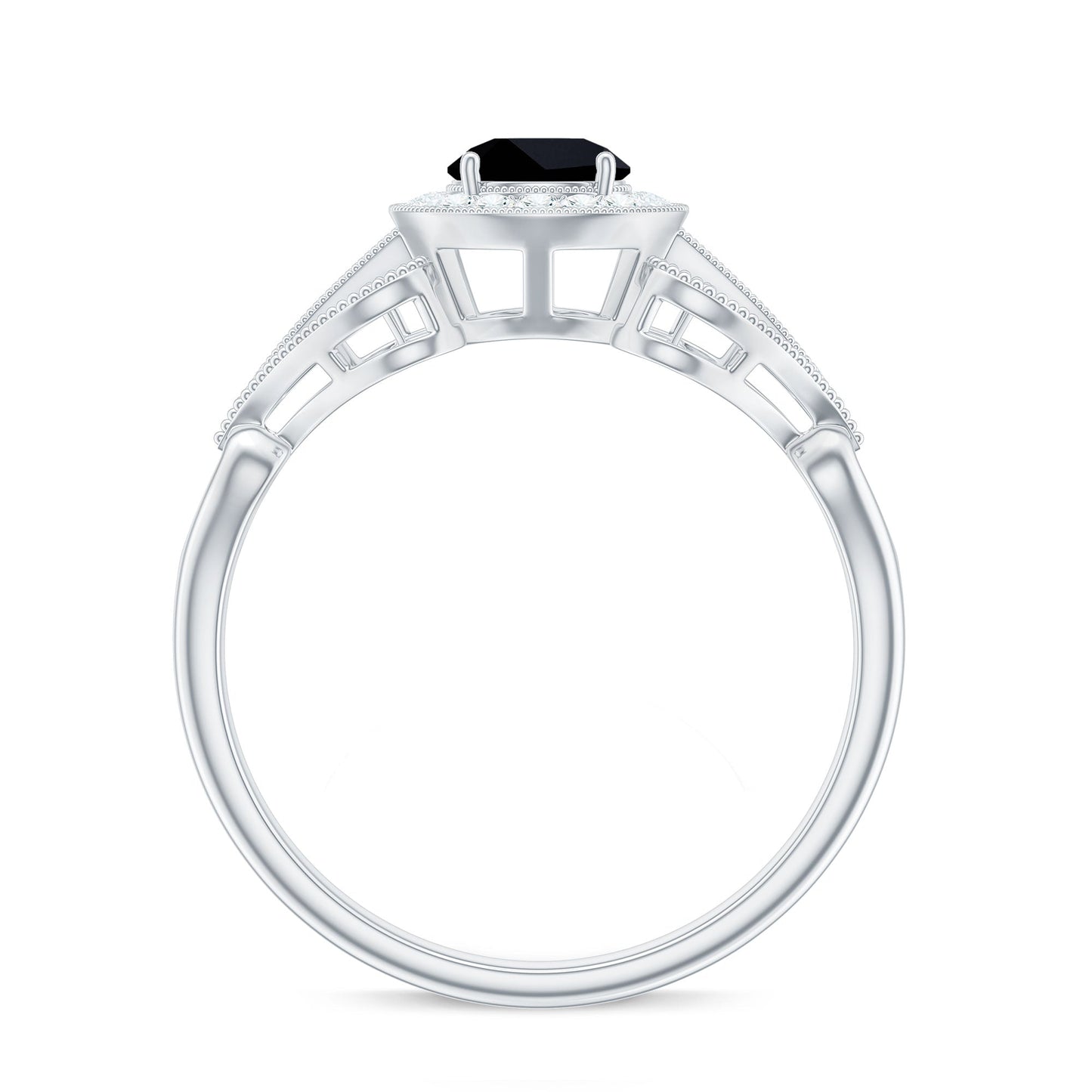 5mm Round Black Onyx Vintage Engagement Ring with Diamond Halo