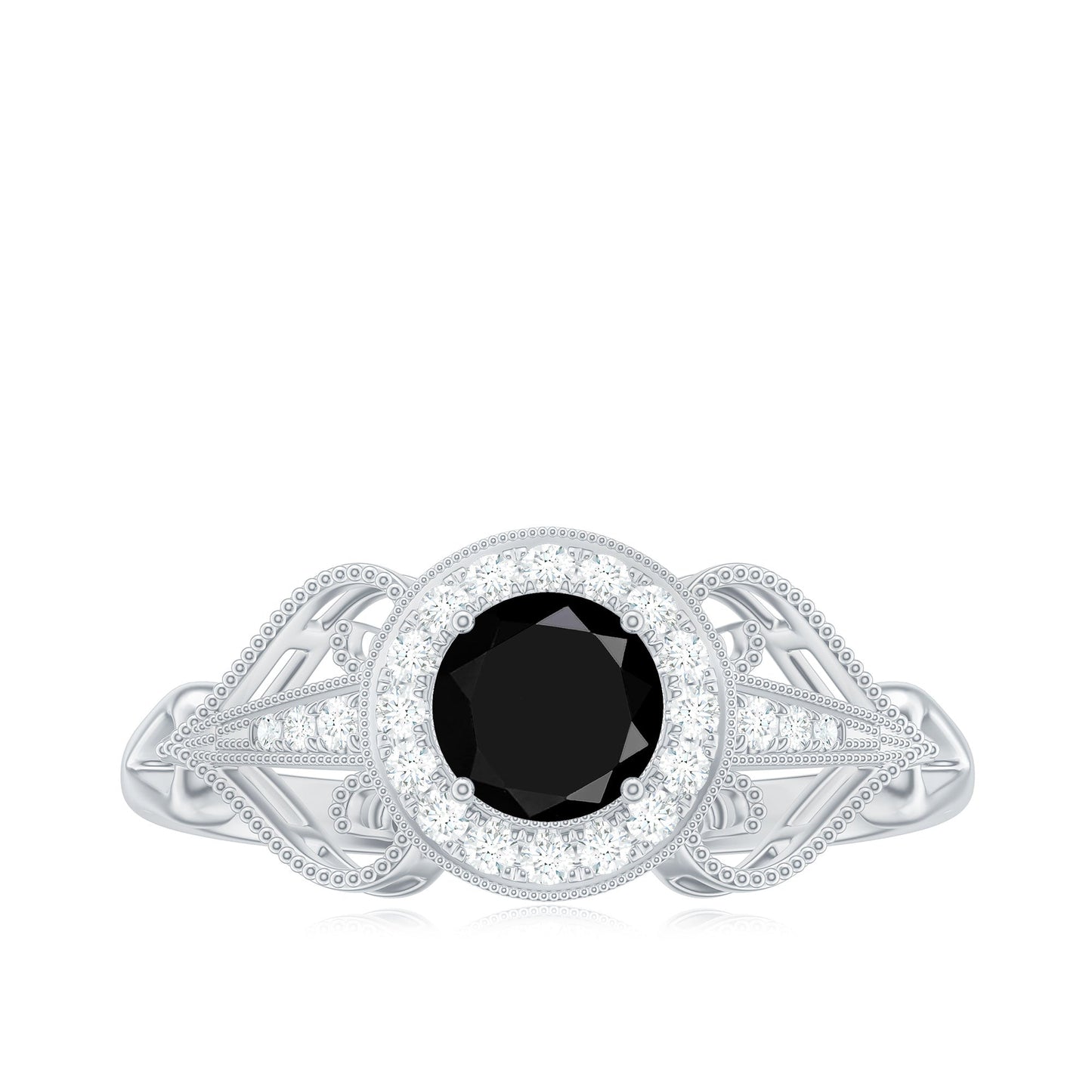 5mm Round Black Onyx Vintage Engagement Ring with Diamond Halo