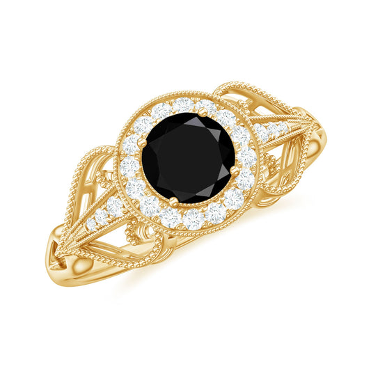 5mm Round Black Onyx Vintage Engagement Ring with Diamond Halo