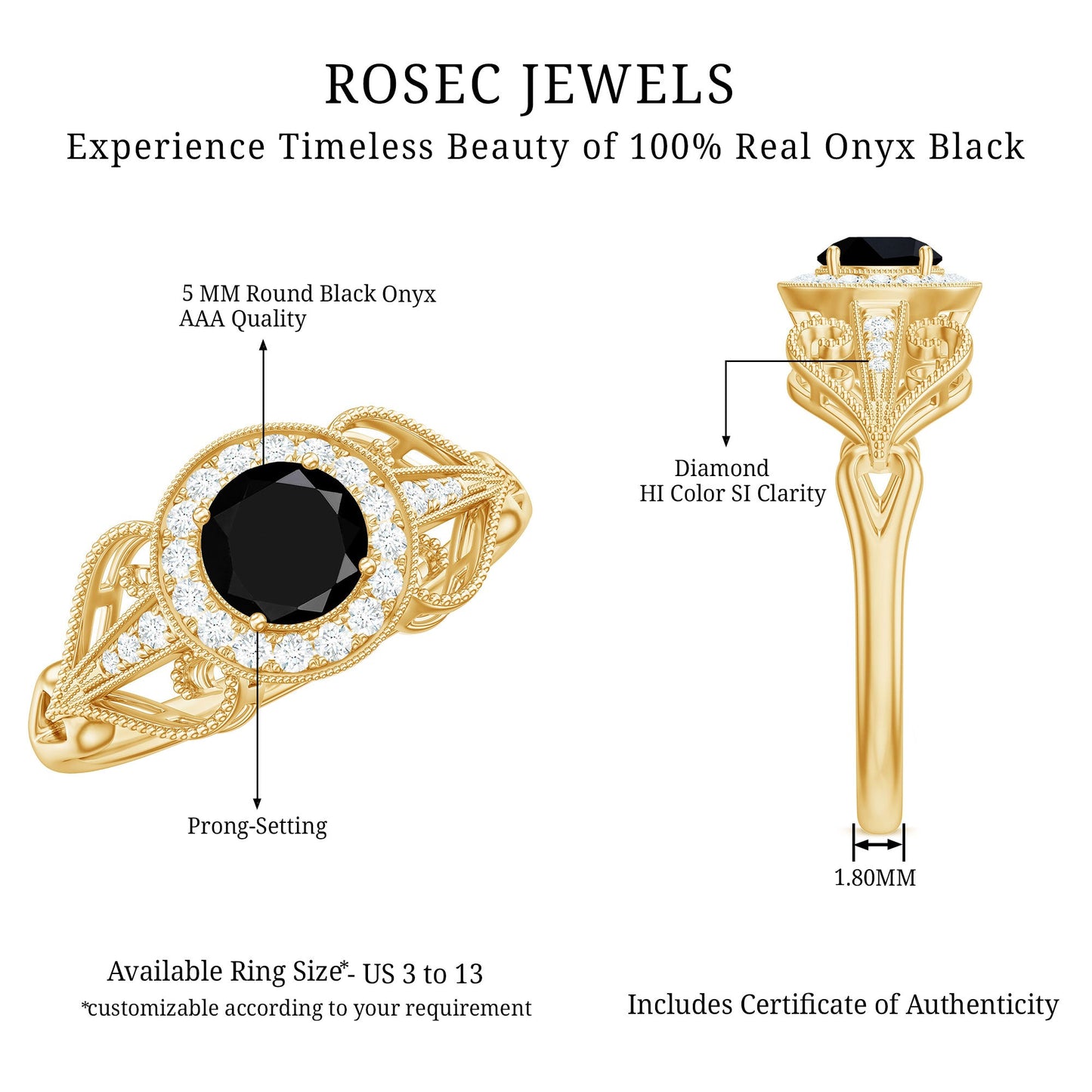 5mm Round Black Onyx Vintage Engagement Ring with Diamond Halo
