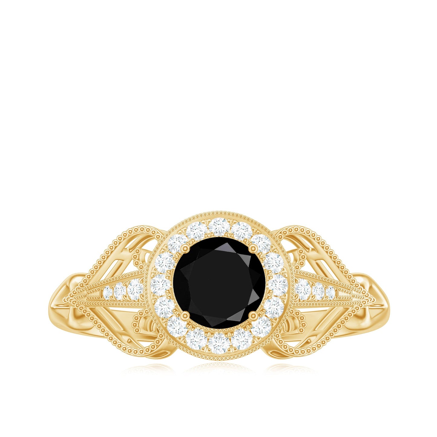 5mm Round Black Onyx Vintage Engagement Ring with Diamond Halo