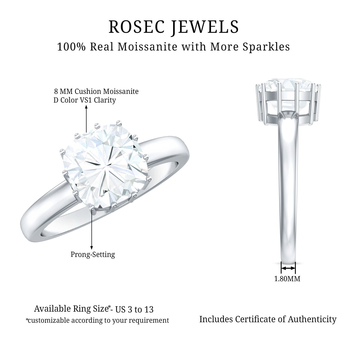 Certified 8 MM Cushion Cut Moissanite Solitaire Engagement Ring