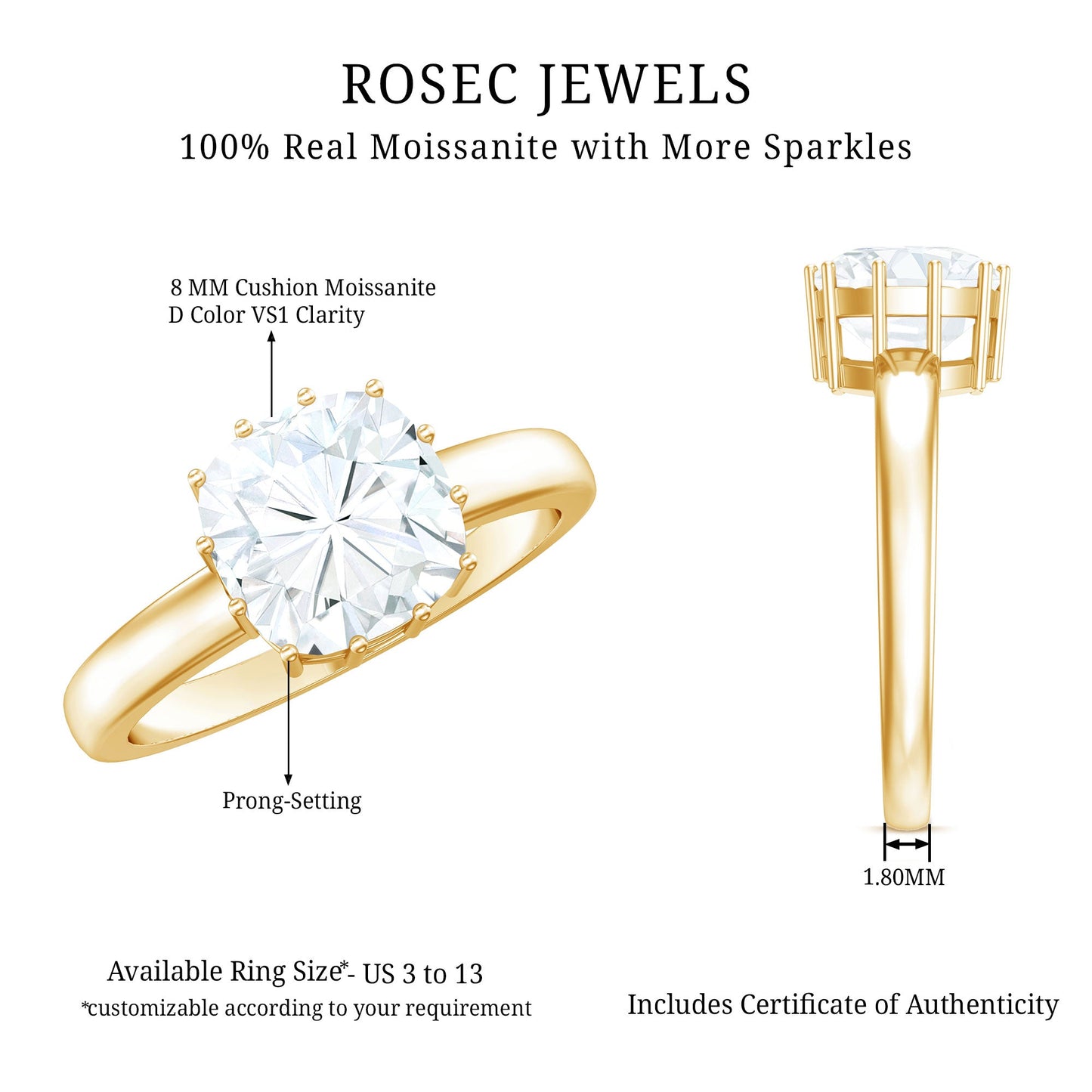 Certified 8 MM Cushion Cut Moissanite Solitaire Engagement Ring