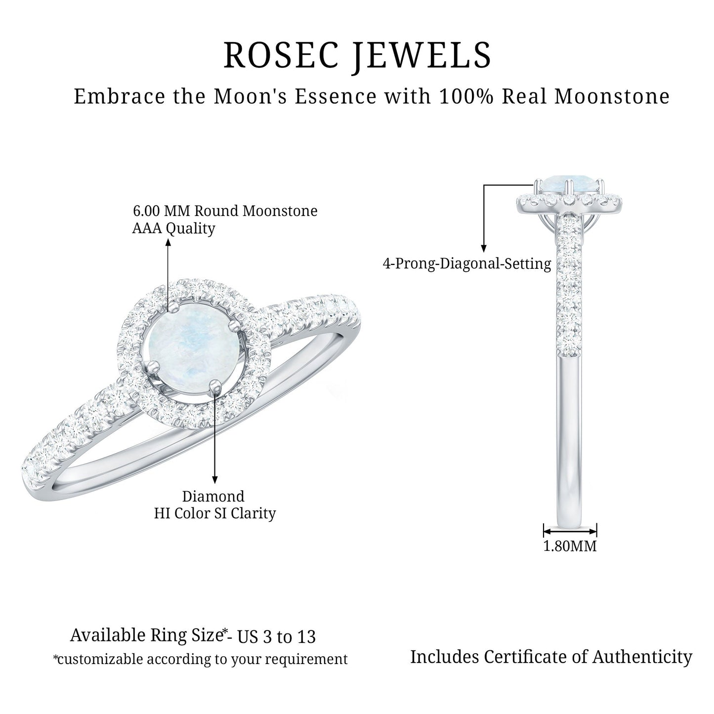 0.75 CT Moonstone and Diamond Halo Engagement Ring