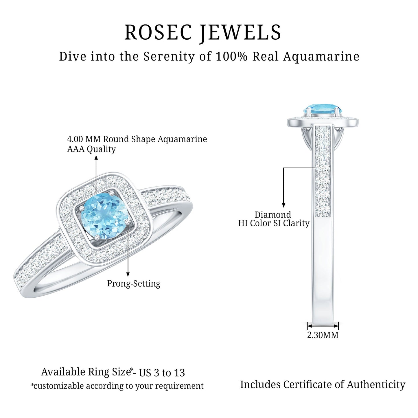 3/4 Carat Round Aquamarine and Diamond Halo Promise Ring