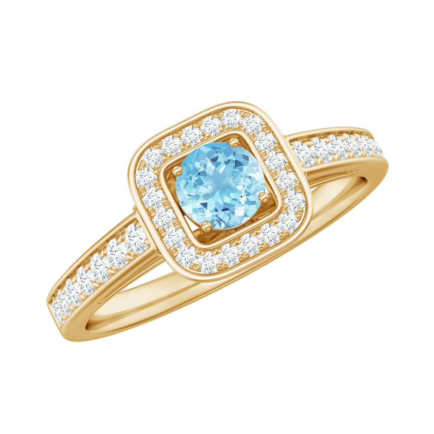 3/4 Carat Round Aquamarine and Diamond Halo Promise Ring