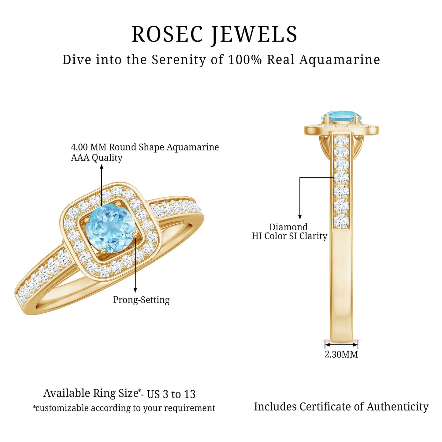 3/4 Carat Round Aquamarine and Diamond Halo Promise Ring
