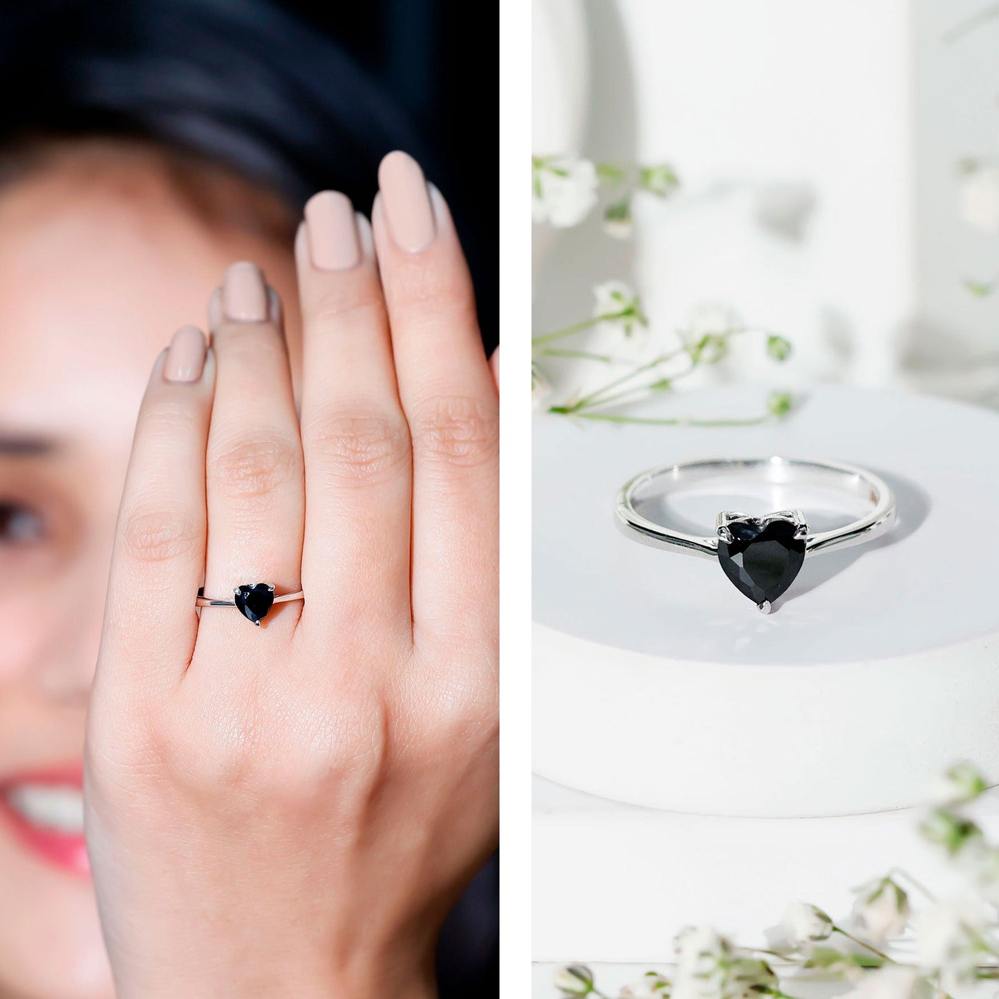 Solitaire Black Onyx Heart Promise Ring for Women