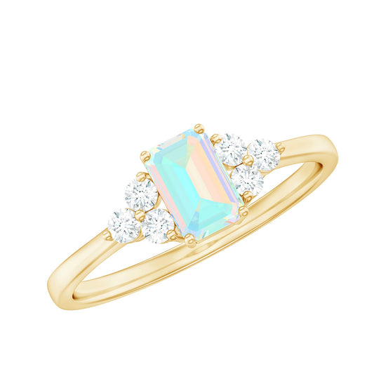 Certified Real Ethiopian Rainbow Opal Emerald Cut Engagement Ring with Diamond Trio