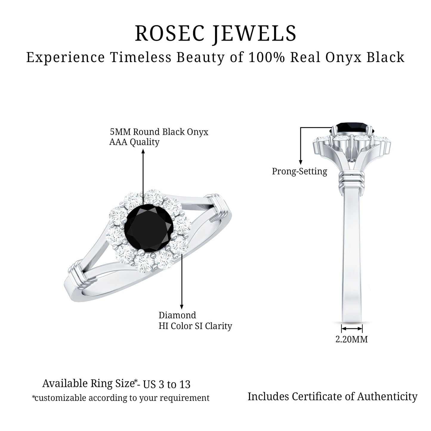 5mm Black Onyx Floral Engagement Ring with Diamond Halo