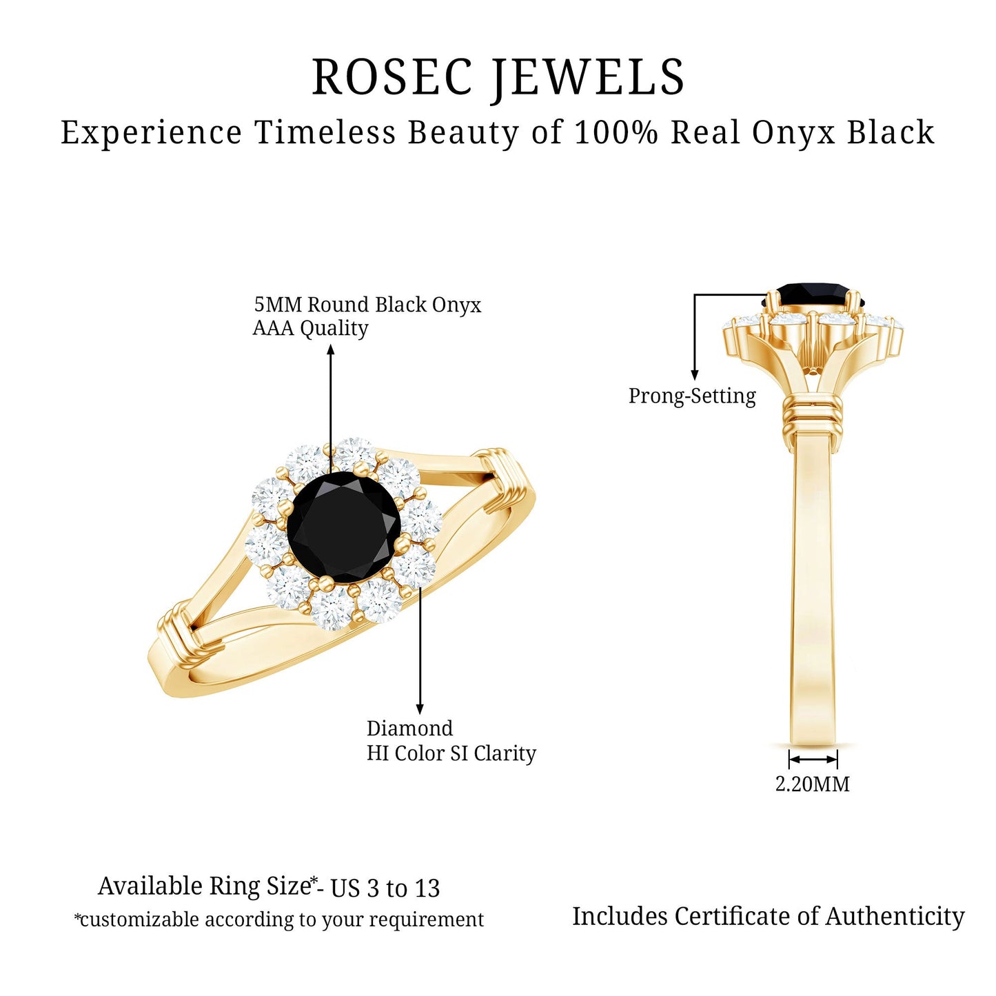 5mm Black Onyx Floral Engagement Ring with Diamond Halo