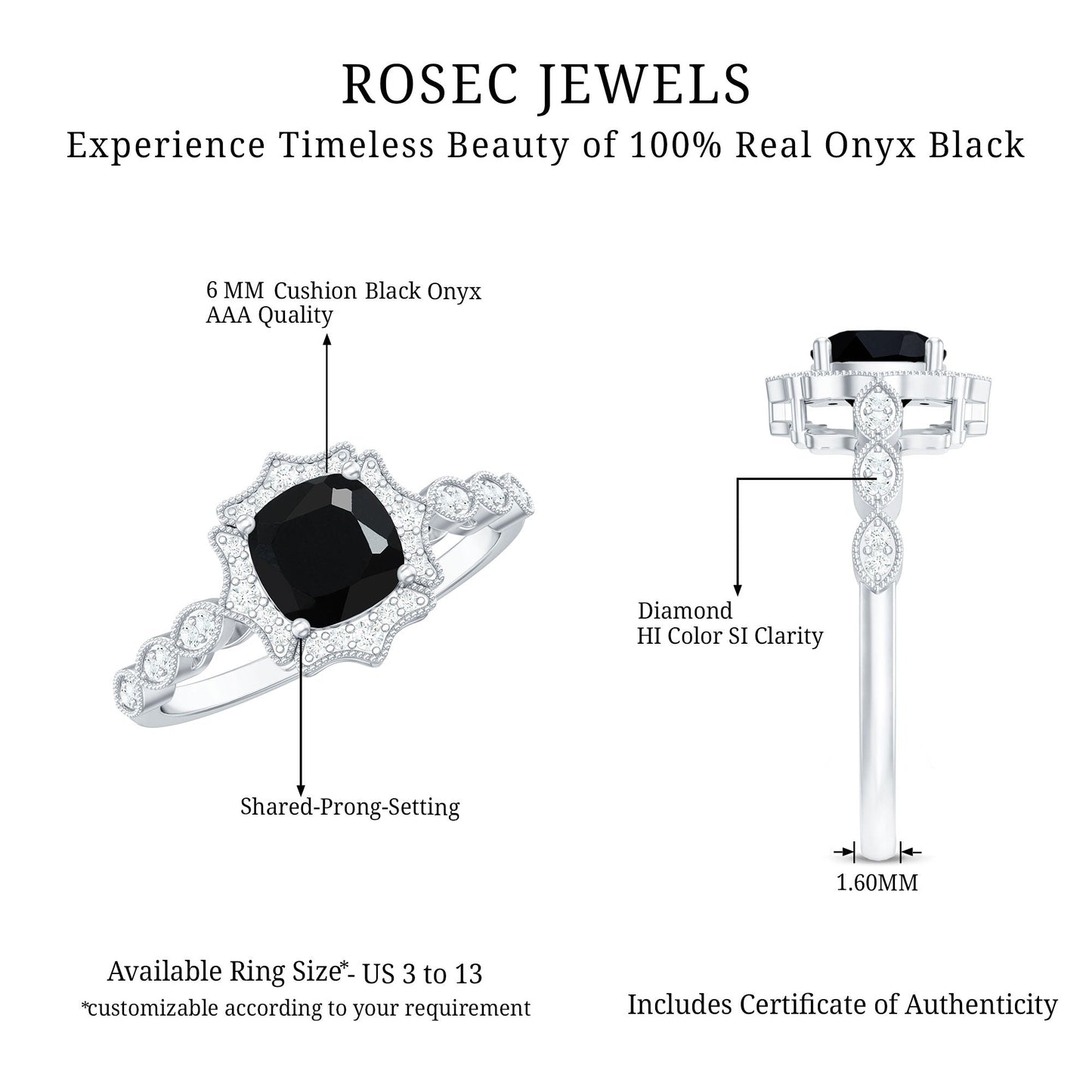 Vintage Inspired Black Onyx and Diamond Halo Engagement Ring