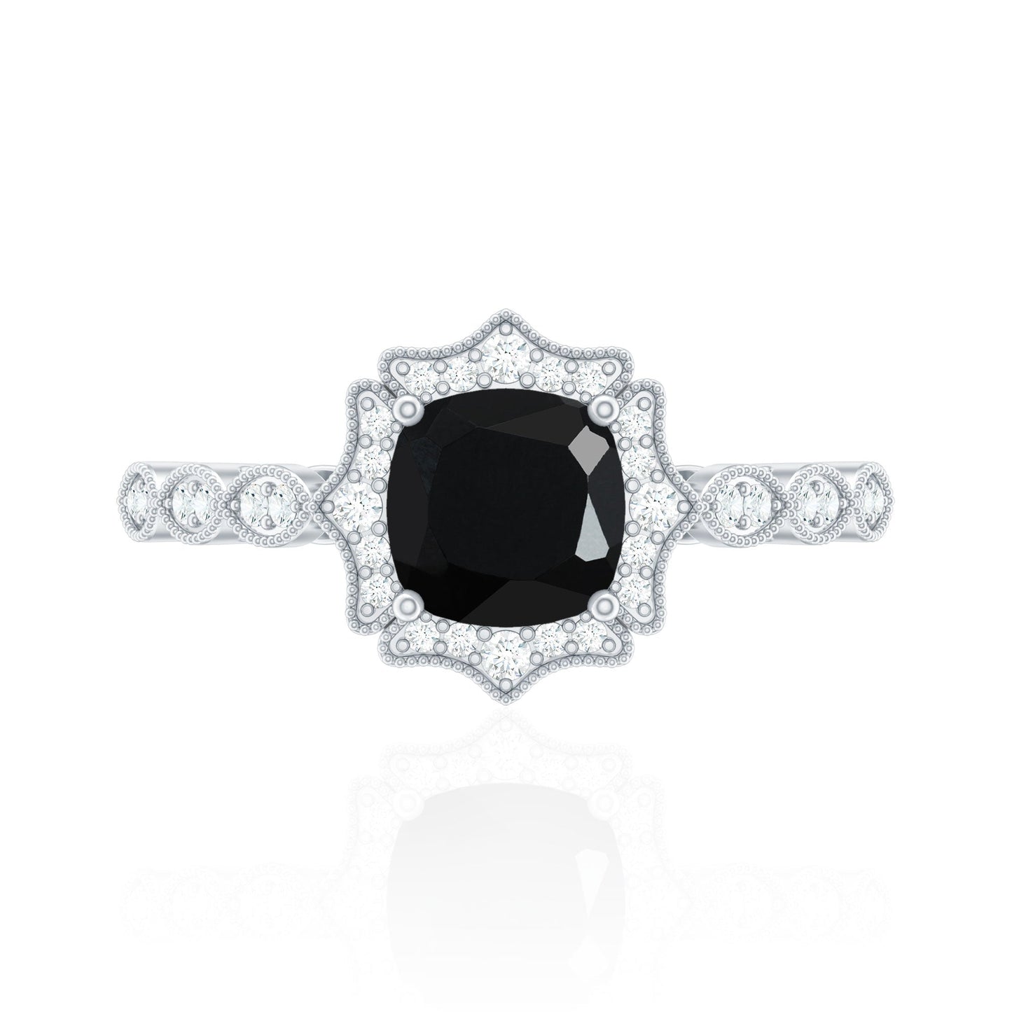 Vintage Inspired Black Onyx and Diamond Halo Engagement Ring