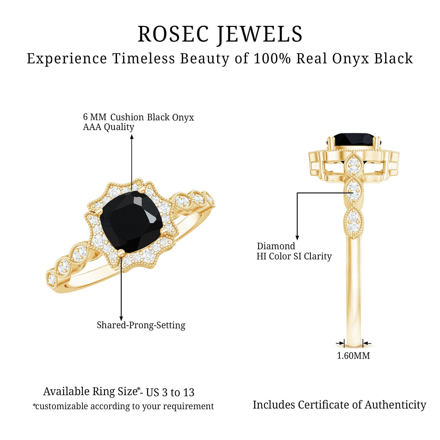 Vintage Inspired Black Onyx and Diamond Halo Engagement Ring