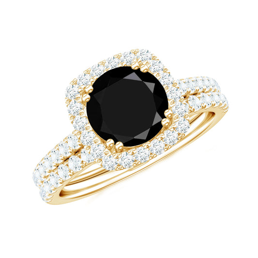Certified 2 Carat Lab Grown Black Diamond Halo Engagement Ring with Moissanite Wedding Band