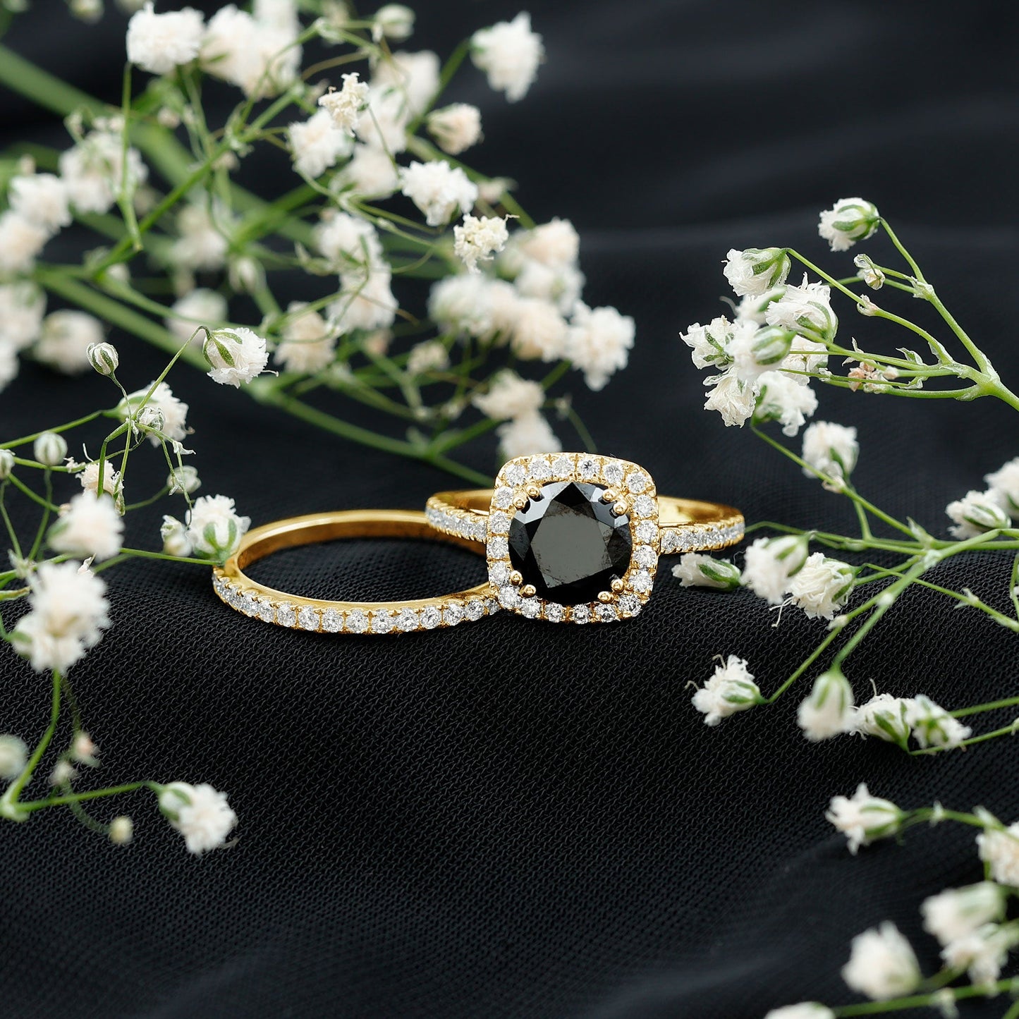 Certified 2 Carat Lab Grown Black Diamond Halo Engagement Ring with Moissanite Wedding Band
