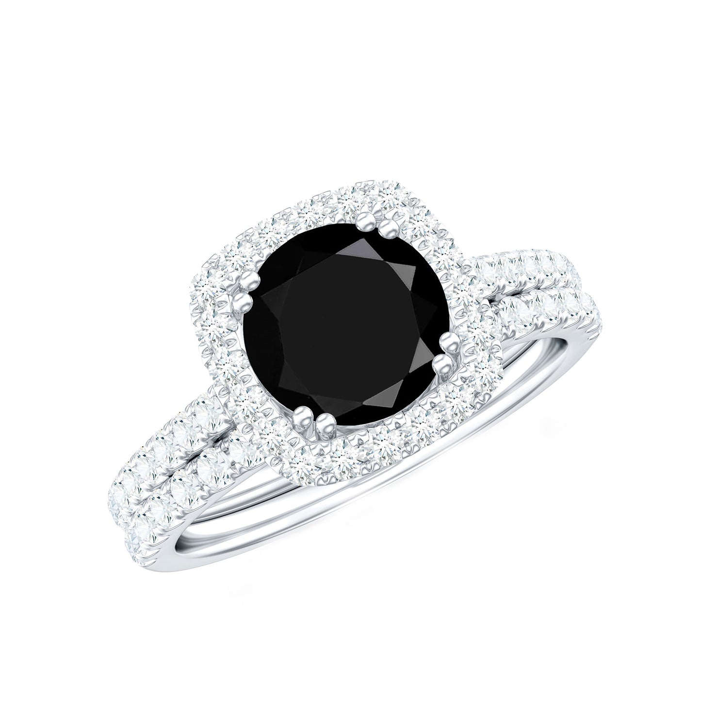 Natural Black Spinel Wedding Bridal Ring Set with Moissanite