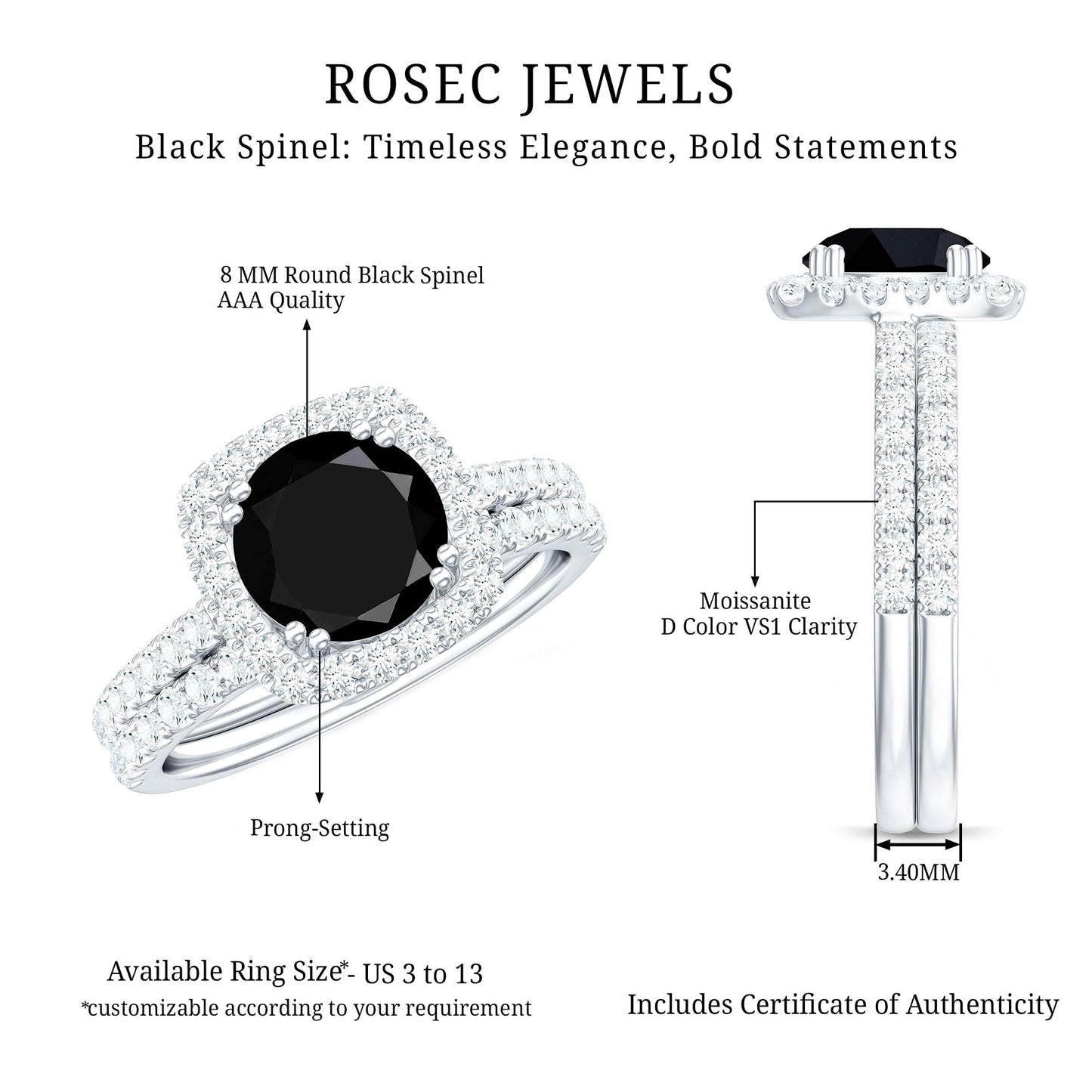 Natural Black Spinel Wedding Bridal Ring Set with Moissanite