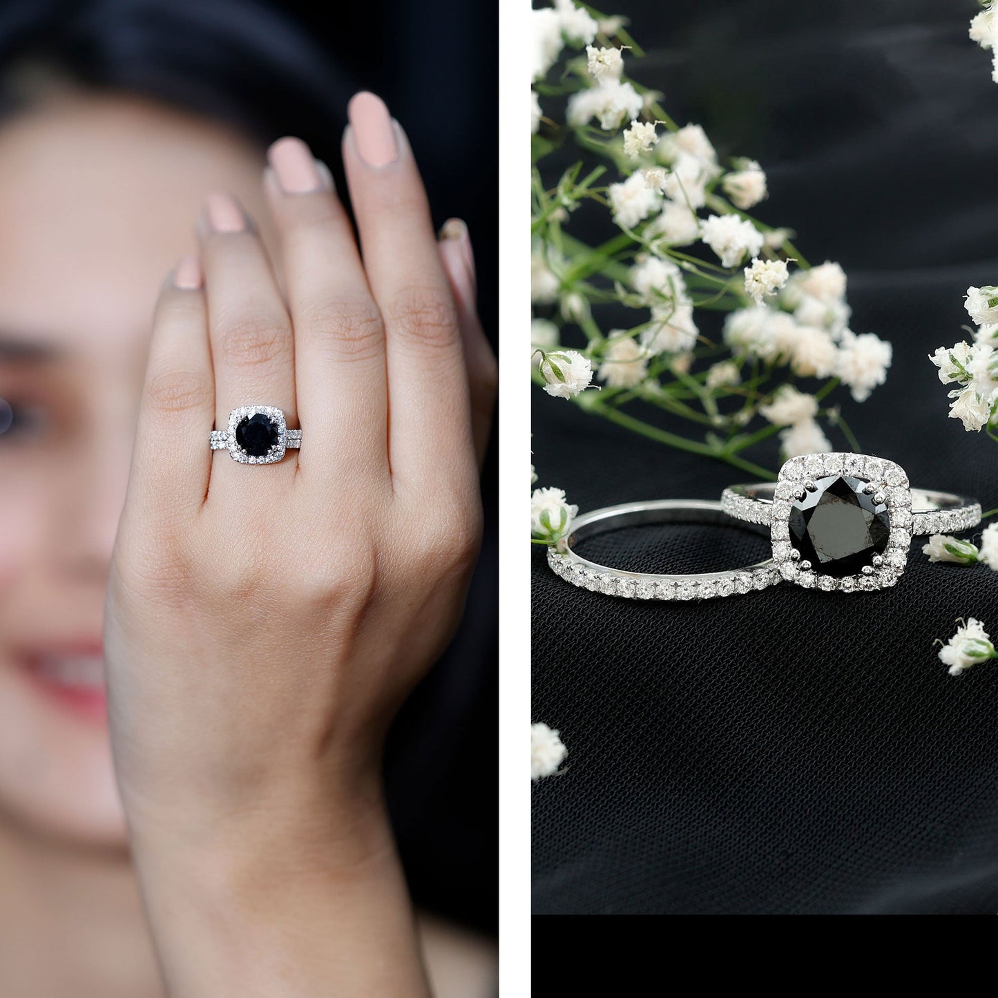 Natural Black Spinel Wedding Bridal Ring Set with Moissanite