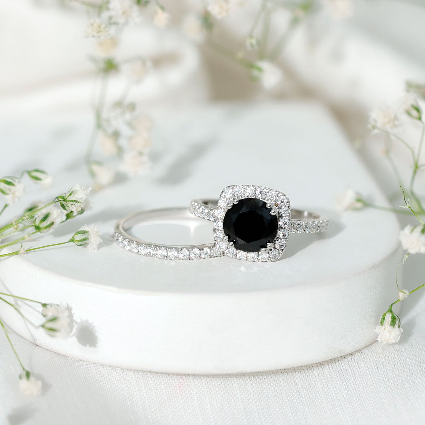 Natural Black Spinel Wedding Bridal Ring Set with Moissanite