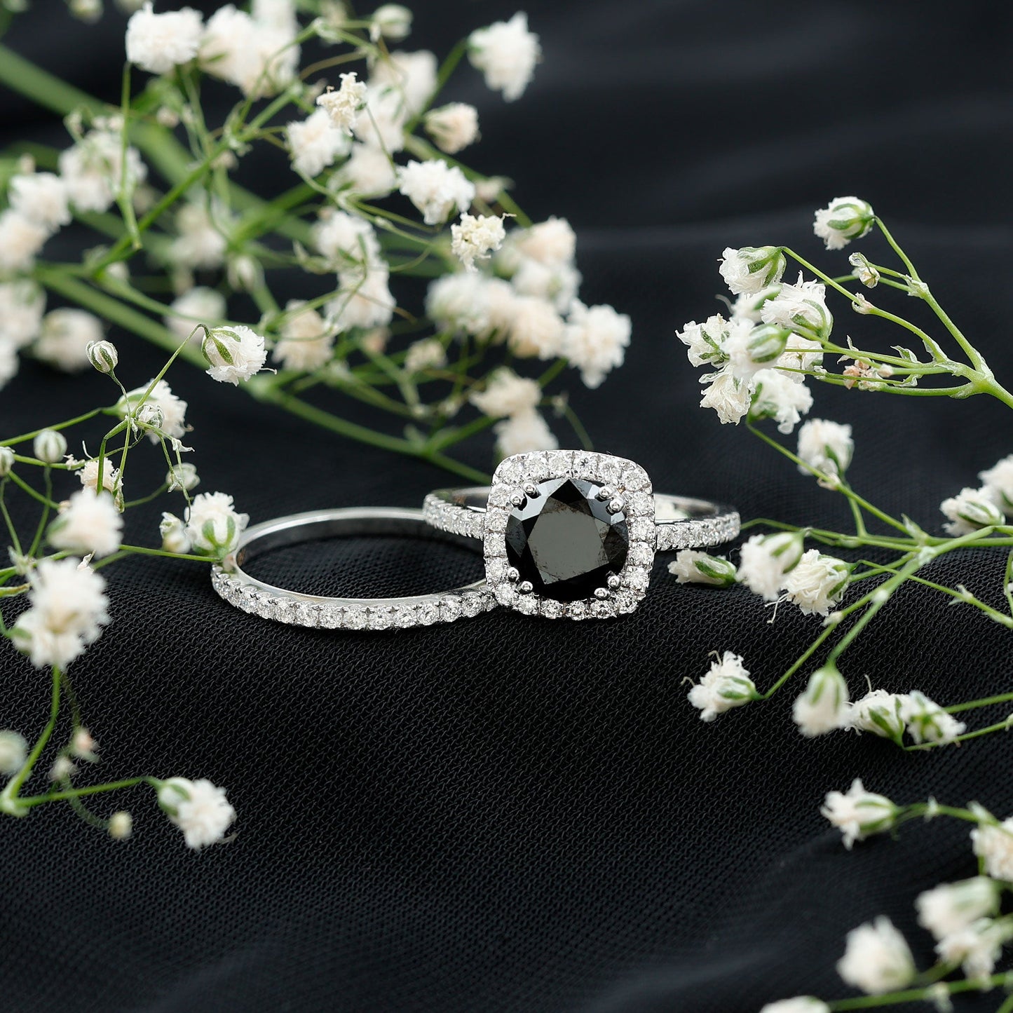 Natural Black Spinel Wedding Bridal Ring Set with Moissanite