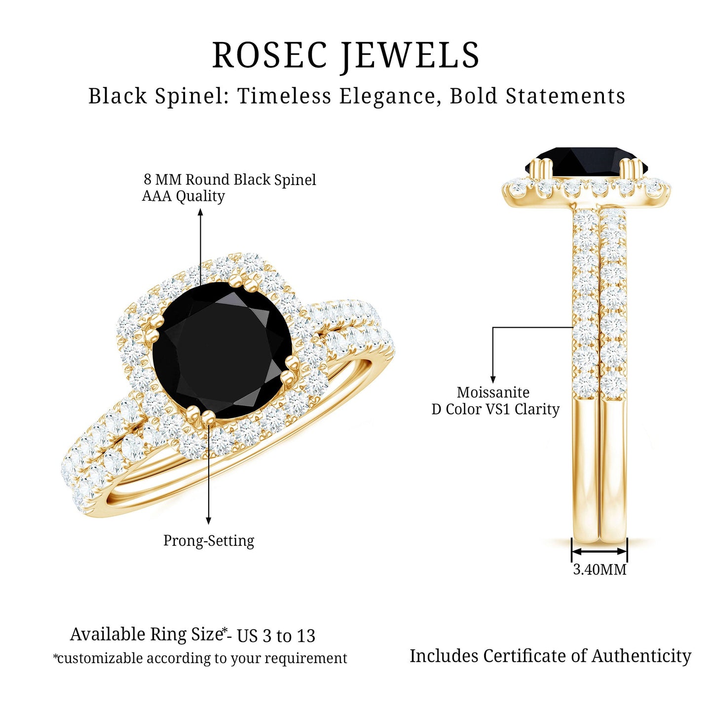Natural Black Spinel Wedding Bridal Ring Set with Moissanite