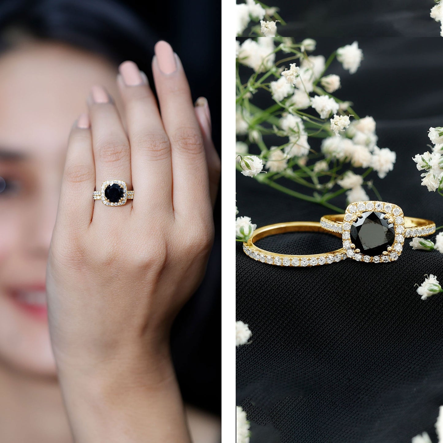 Natural Black Spinel Wedding Bridal Ring Set with Moissanite