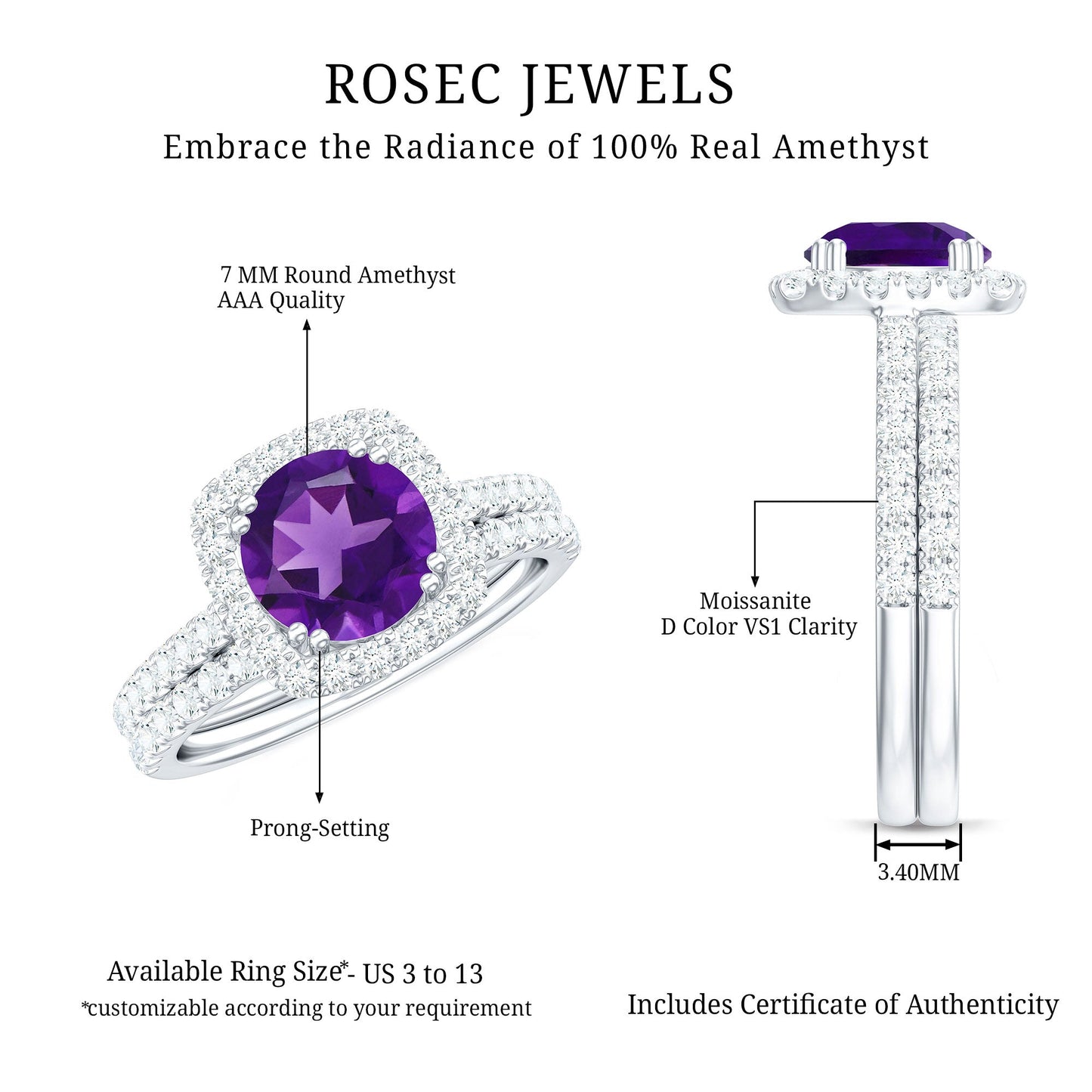 Real Amethyst and Moissanite Classic Halo Ring Set