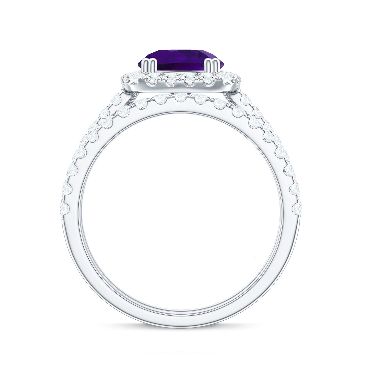 Real Amethyst and Moissanite Classic Halo Ring Set