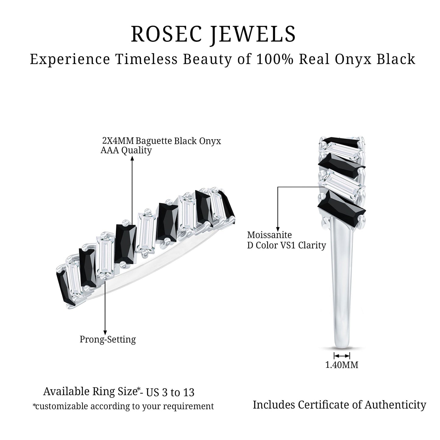 Baguette Cut Black Onyx and Moissanite Tilted Half Eternity Ring