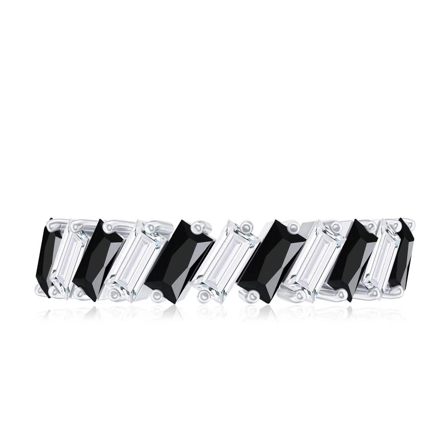 Baguette Cut Black Onyx and Moissanite Tilted Half Eternity Ring