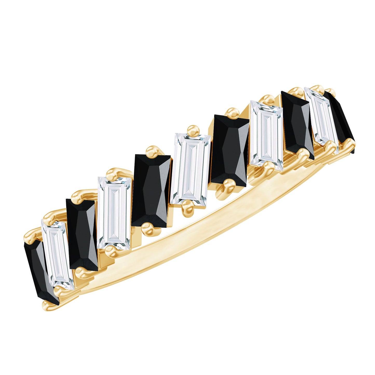 Baguette Cut Black Onyx and Moissanite Tilted Half Eternity Ring