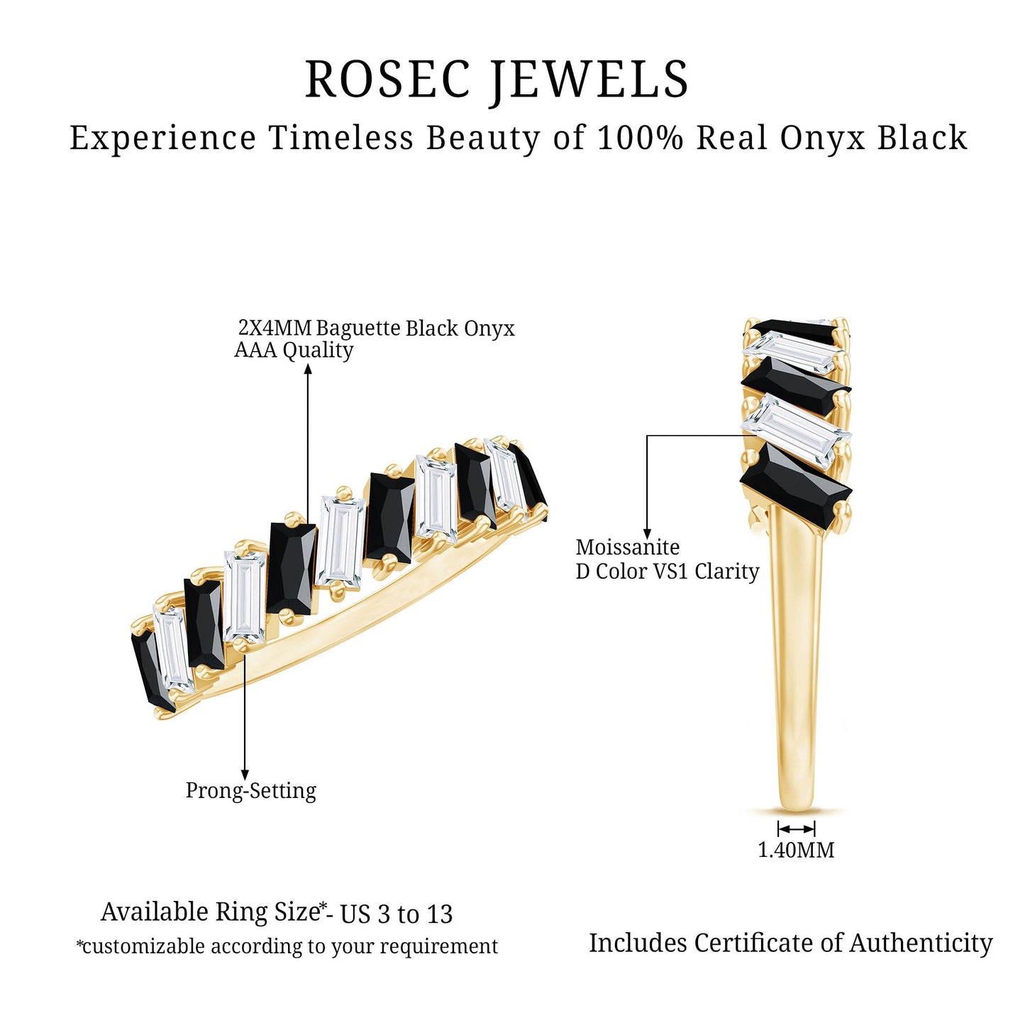 Baguette Cut Black Onyx and Moissanite Tilted Half Eternity Ring