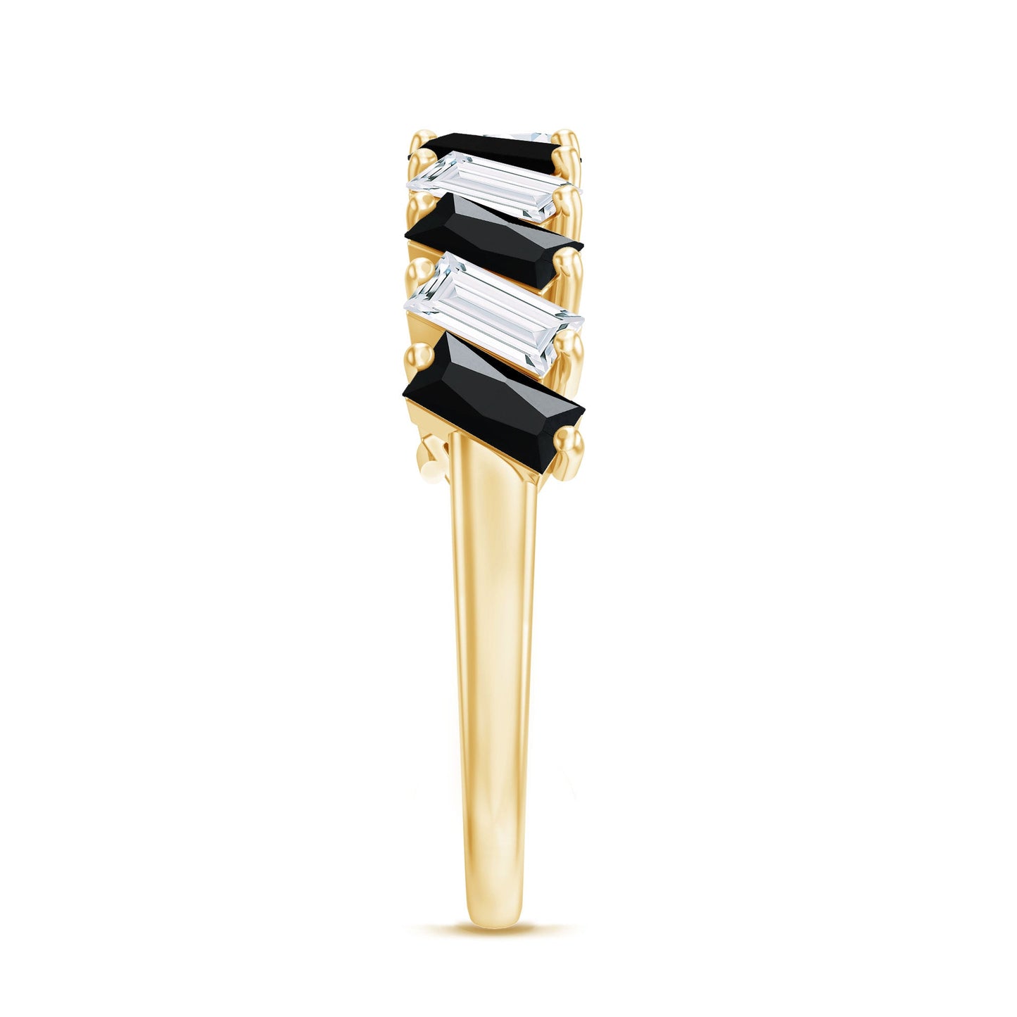 Baguette Cut Black Onyx and Moissanite Tilted Half Eternity Ring