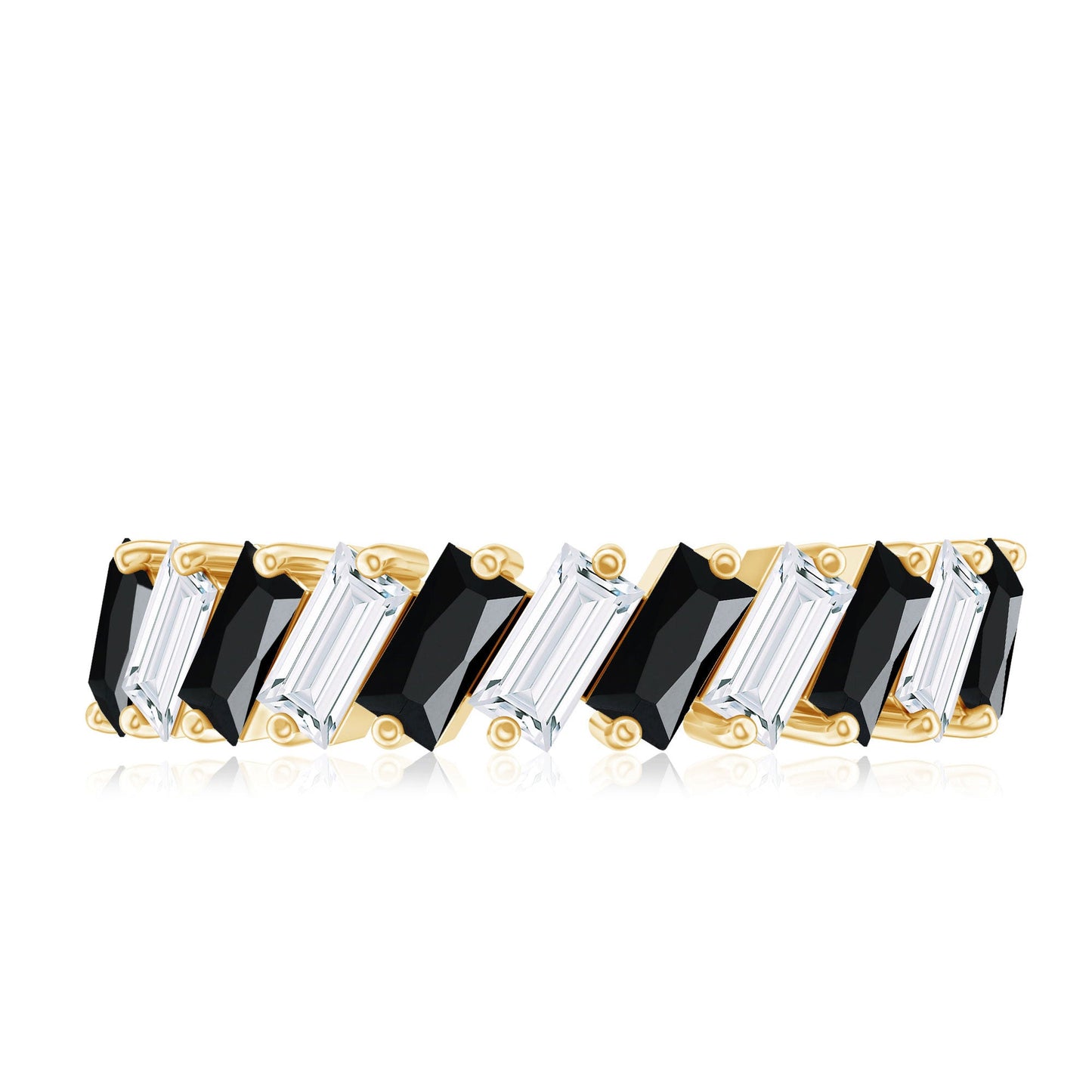 Baguette Cut Black Onyx and Moissanite Tilted Half Eternity Ring