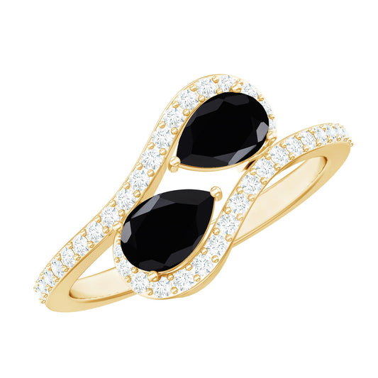 6X8mm Pear Cut Black Onyx Two Stone Engagement Ring with Diamond
