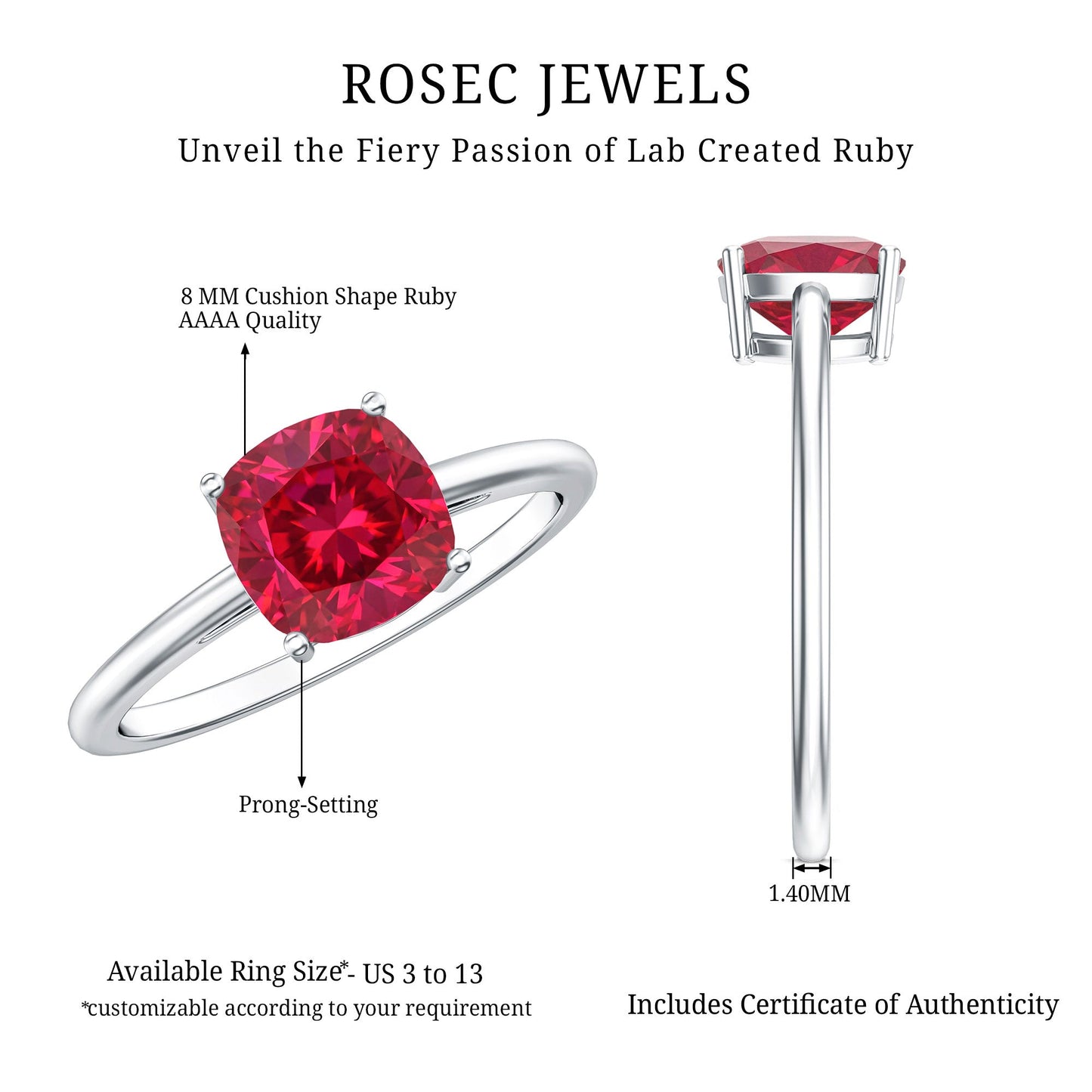 8 MM Cushion Cut Created Ruby Solitaire Ring