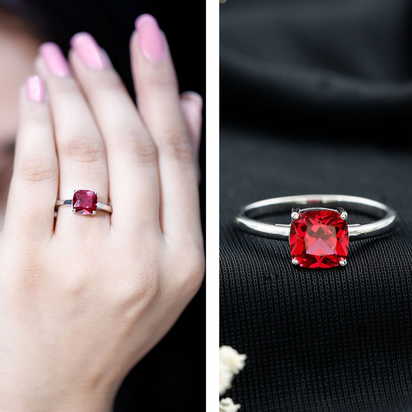 8 MM Cushion Cut Created Ruby Solitaire Ring