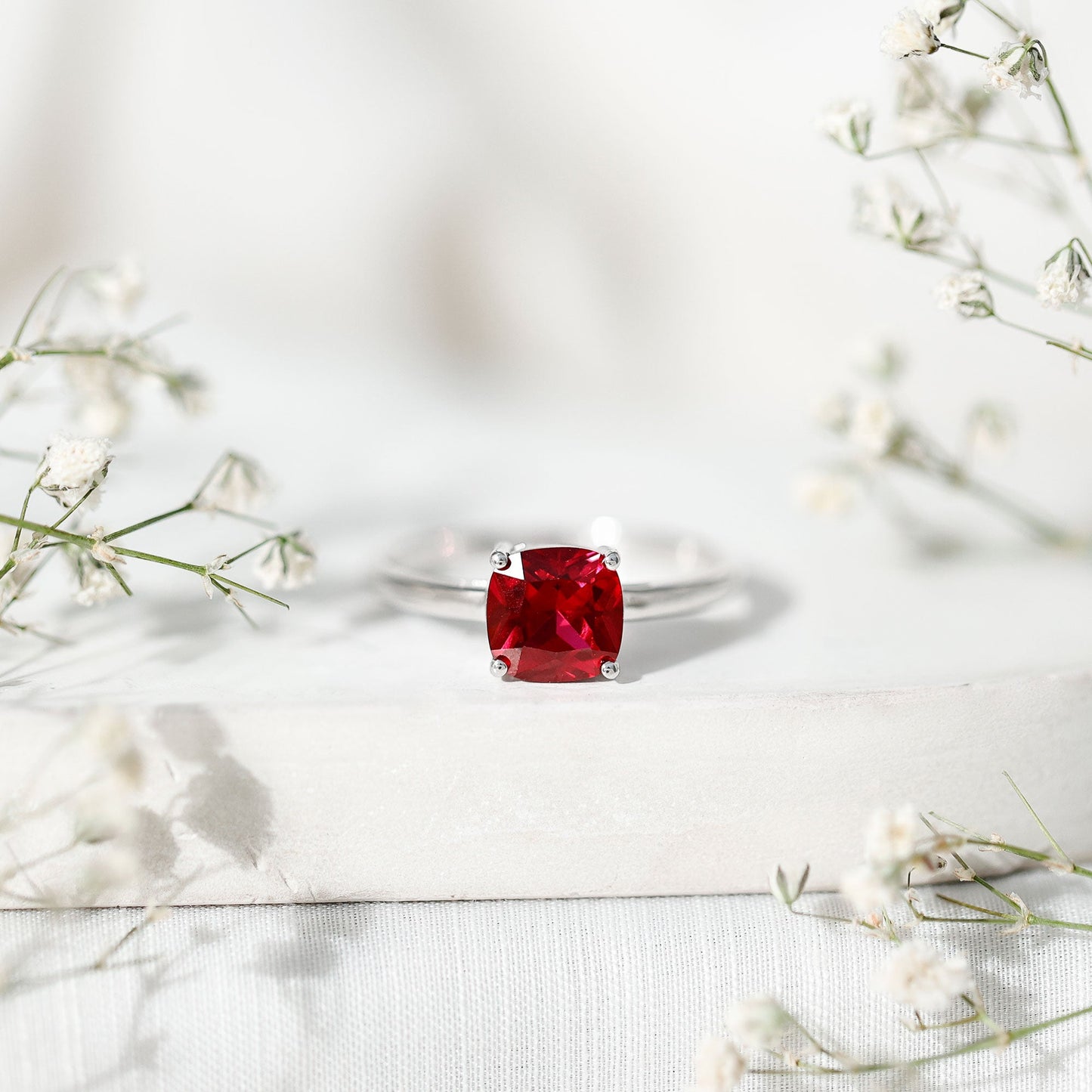 8 MM Cushion Cut Created Ruby Solitaire Ring
