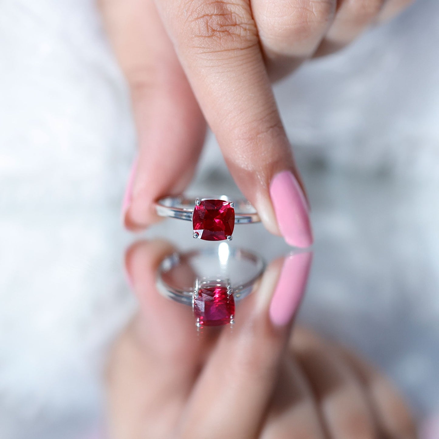 8 MM Cushion Cut Created Ruby Solitaire Ring