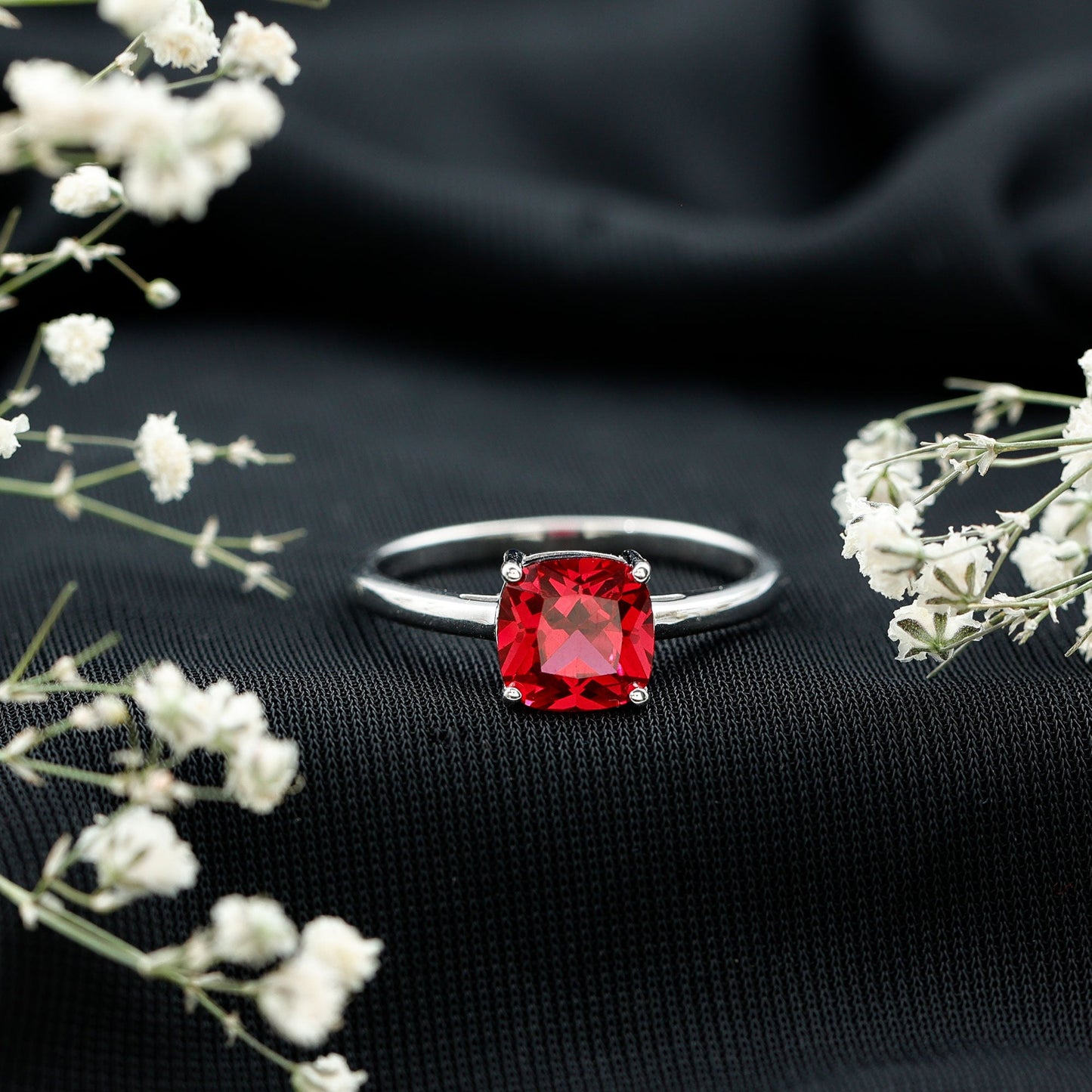 8 MM Cushion Cut Created Ruby Solitaire Ring