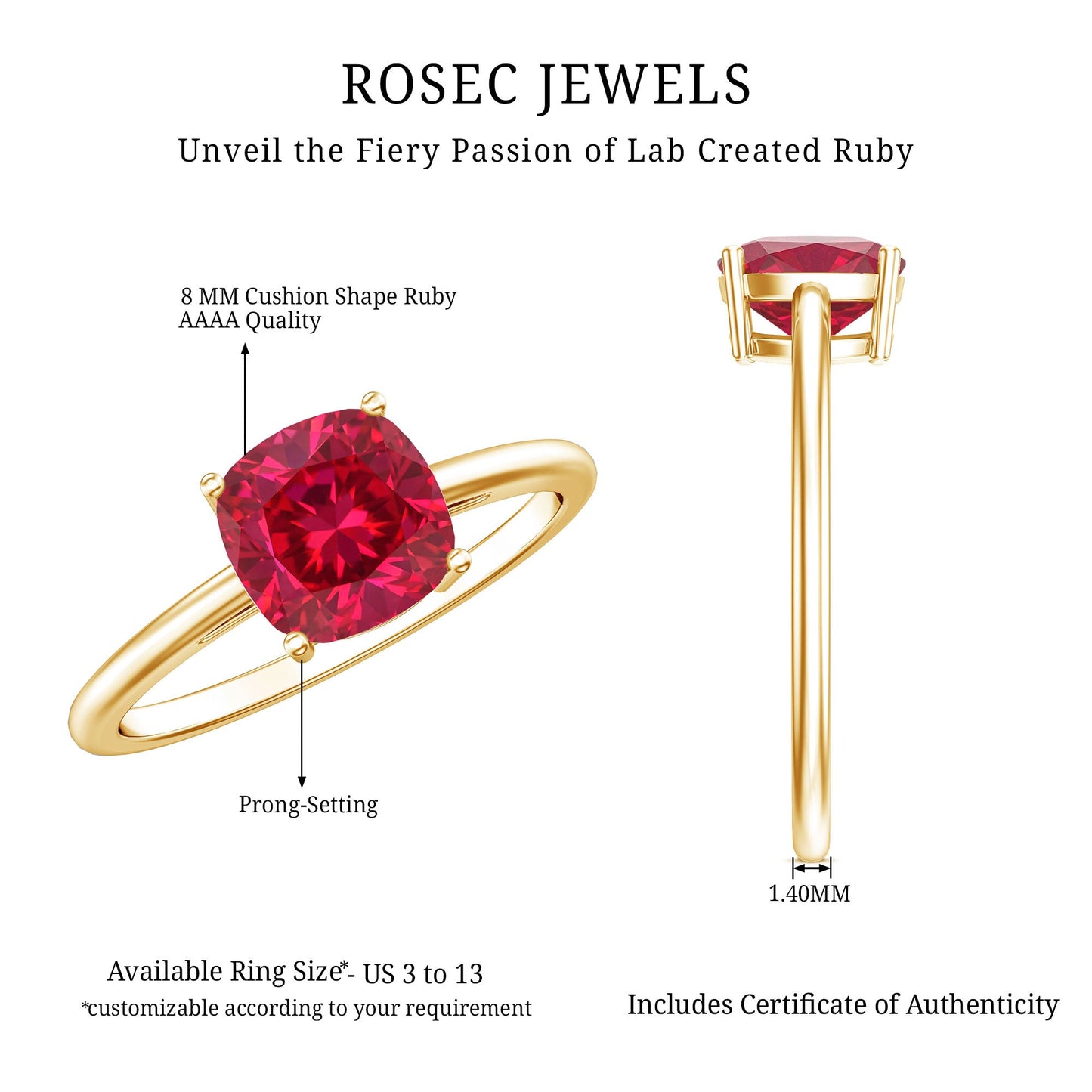 8 MM Cushion Cut Created Ruby Solitaire Ring