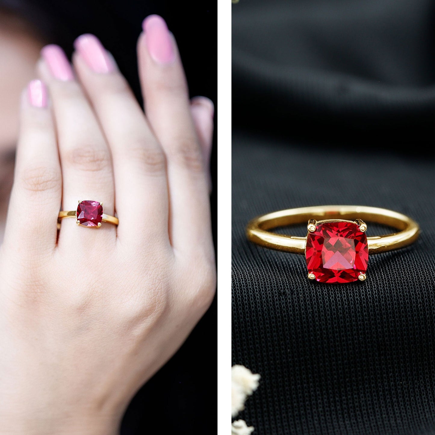 8 MM Cushion Cut Created Ruby Solitaire Ring